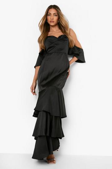 Satin Cold Shoulder Ruffle Hem Maxi Dress black