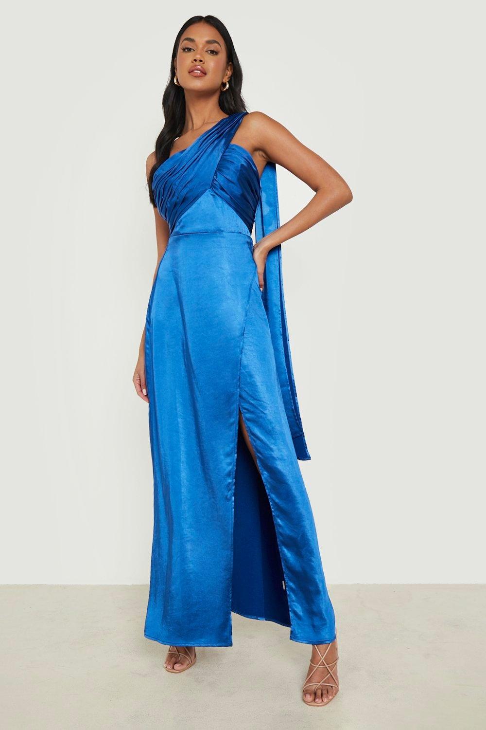 Satin One Shoulder Drape Maxi Dress