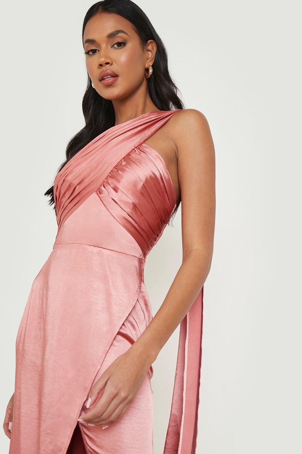 Hammered Satin One Shoulder Drape Maxi Dress