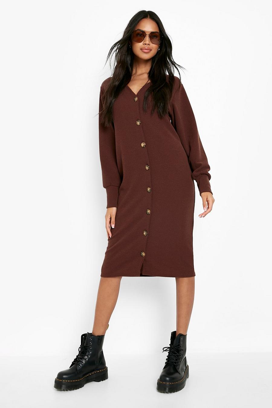 Chocolate brown Crinkle Rib Button Front Midi Dress image number 1