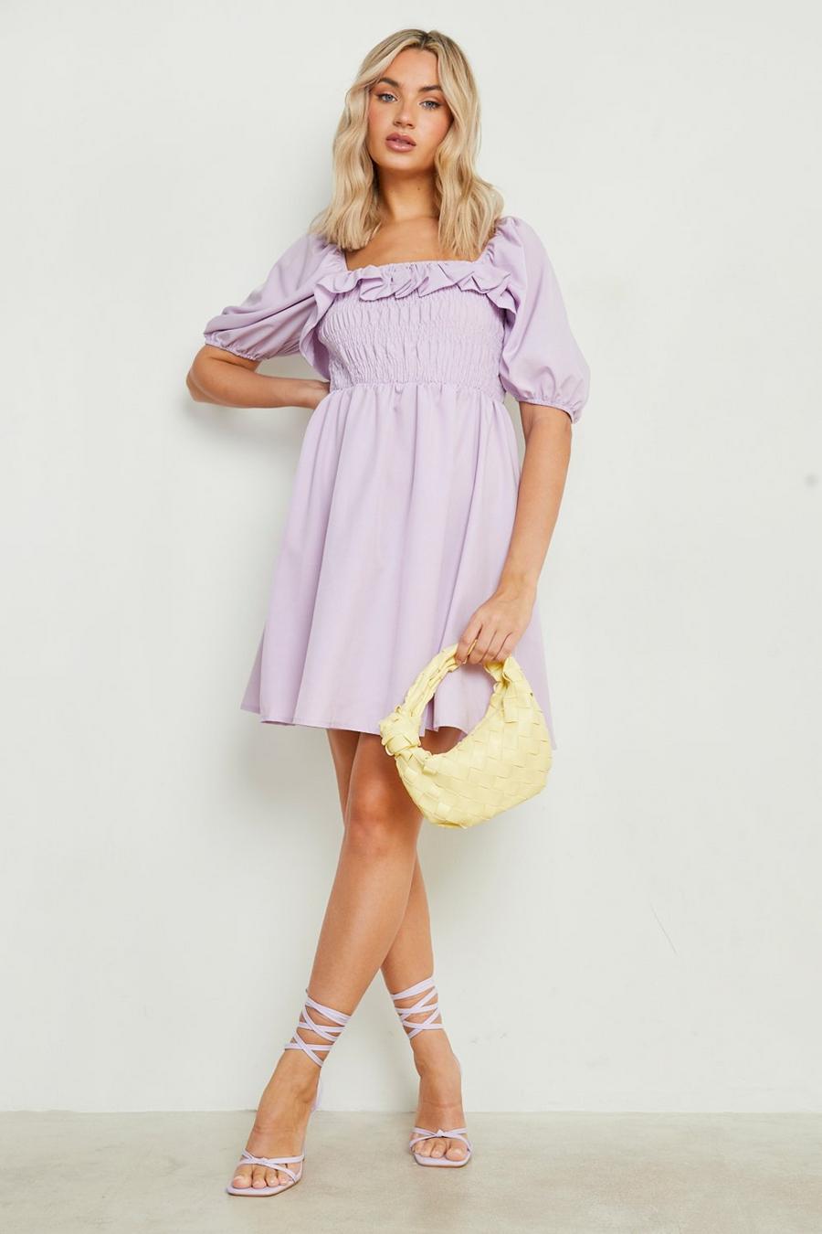 Lilac purple Puff Sleeve Shirred Skater Dress