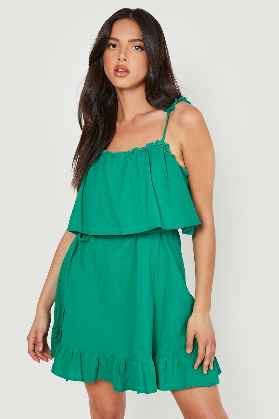 Green Frilly Strap Layered Skater Dress image number 1