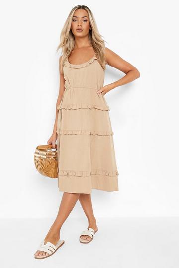 Stone Beige Cheesecloth Tiered Frill Midi Skater Dress