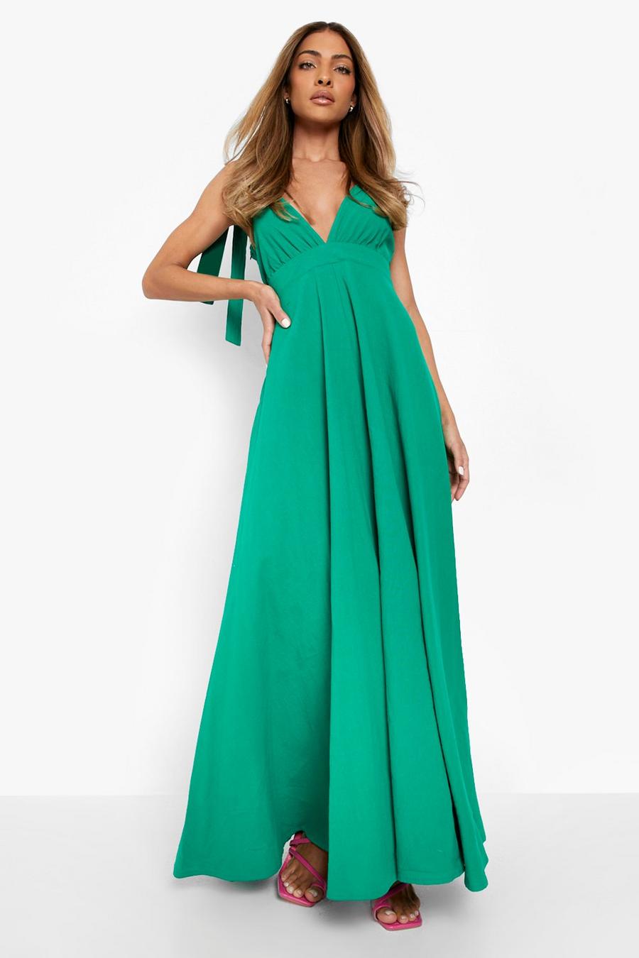 Green Linen Tie Strap Maxi Dress image number 1