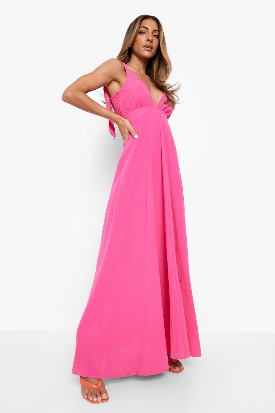 Hot pink Linen Tie Strap Maxi Dress image number 1