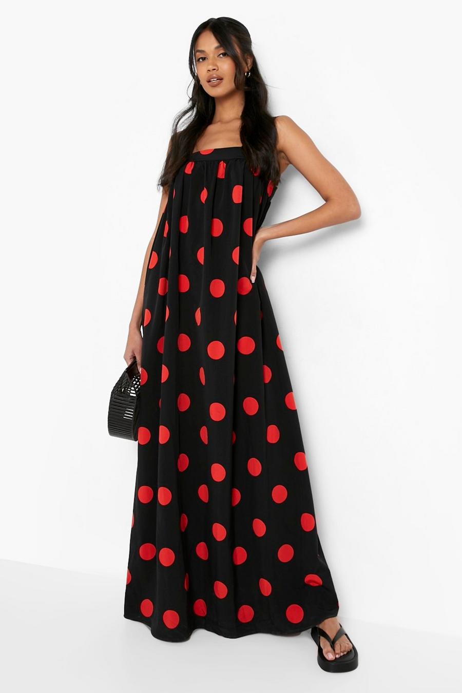 Black Polka Dot Strappy Square Neck Maxi Dress image number 1