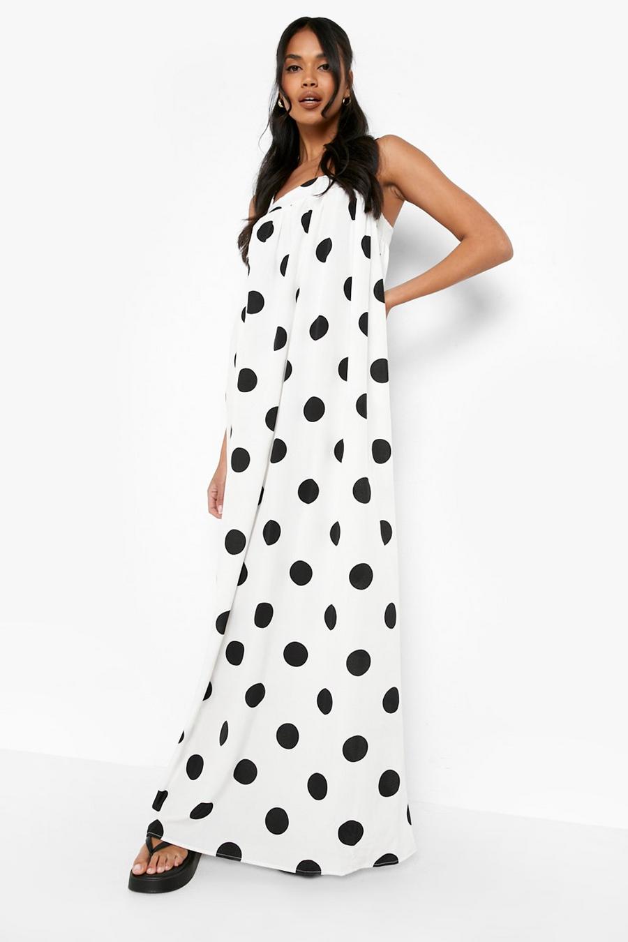 White Polka Dot Strappy Square Neck Maxi Dress image number 1