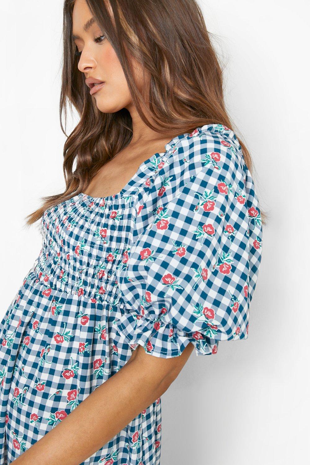 Floral Check Midi Smock Dress boohoo