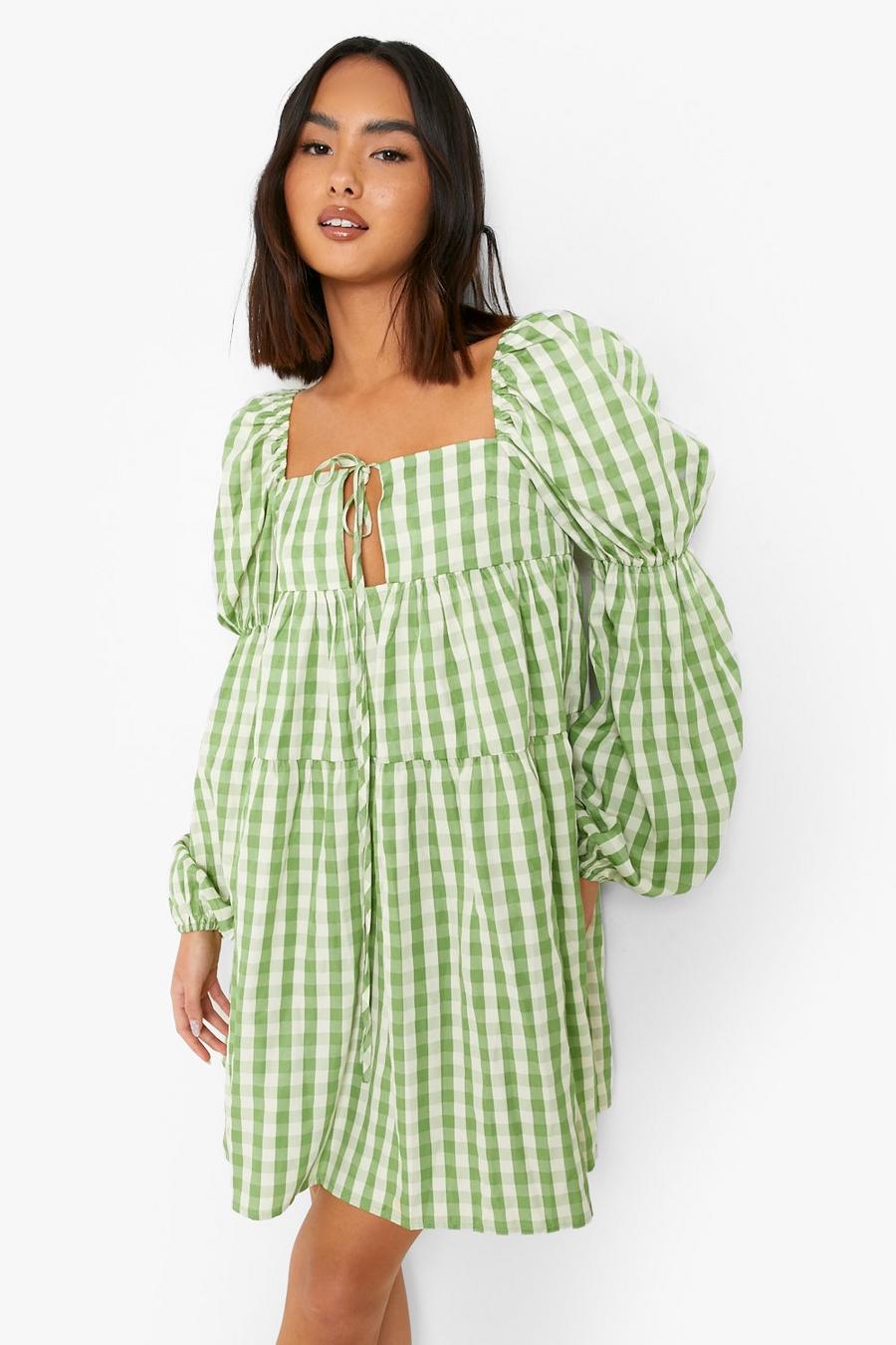 Neckholder Smok-Kleid mit Gingham-Print und Rüschen, Apple green