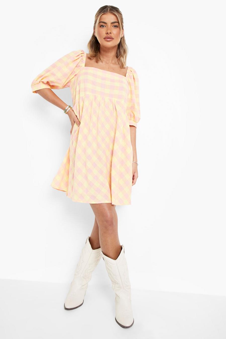 Yellow Square Neck Milkmaid Dress Gingham Print image number 1