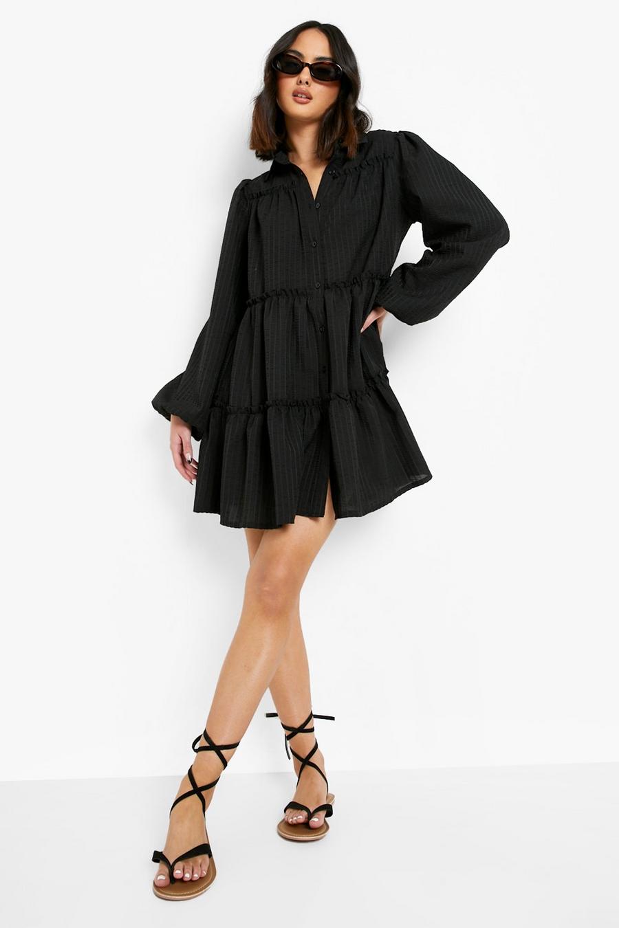 Black Crinkle Tiered Button Through Smock Dress image number 1
