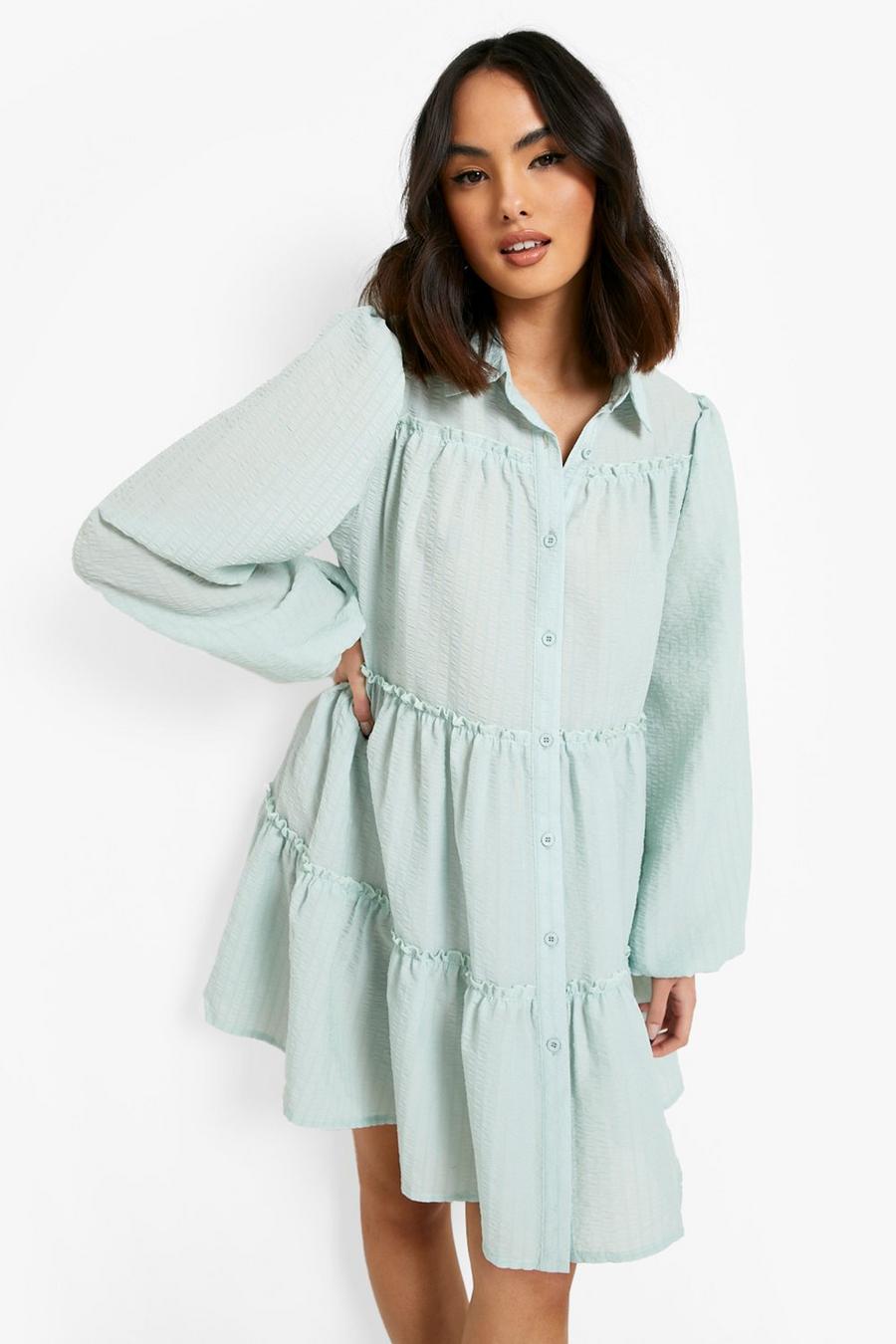 Sage green Crinkle Tiered Button Through Smock Dress