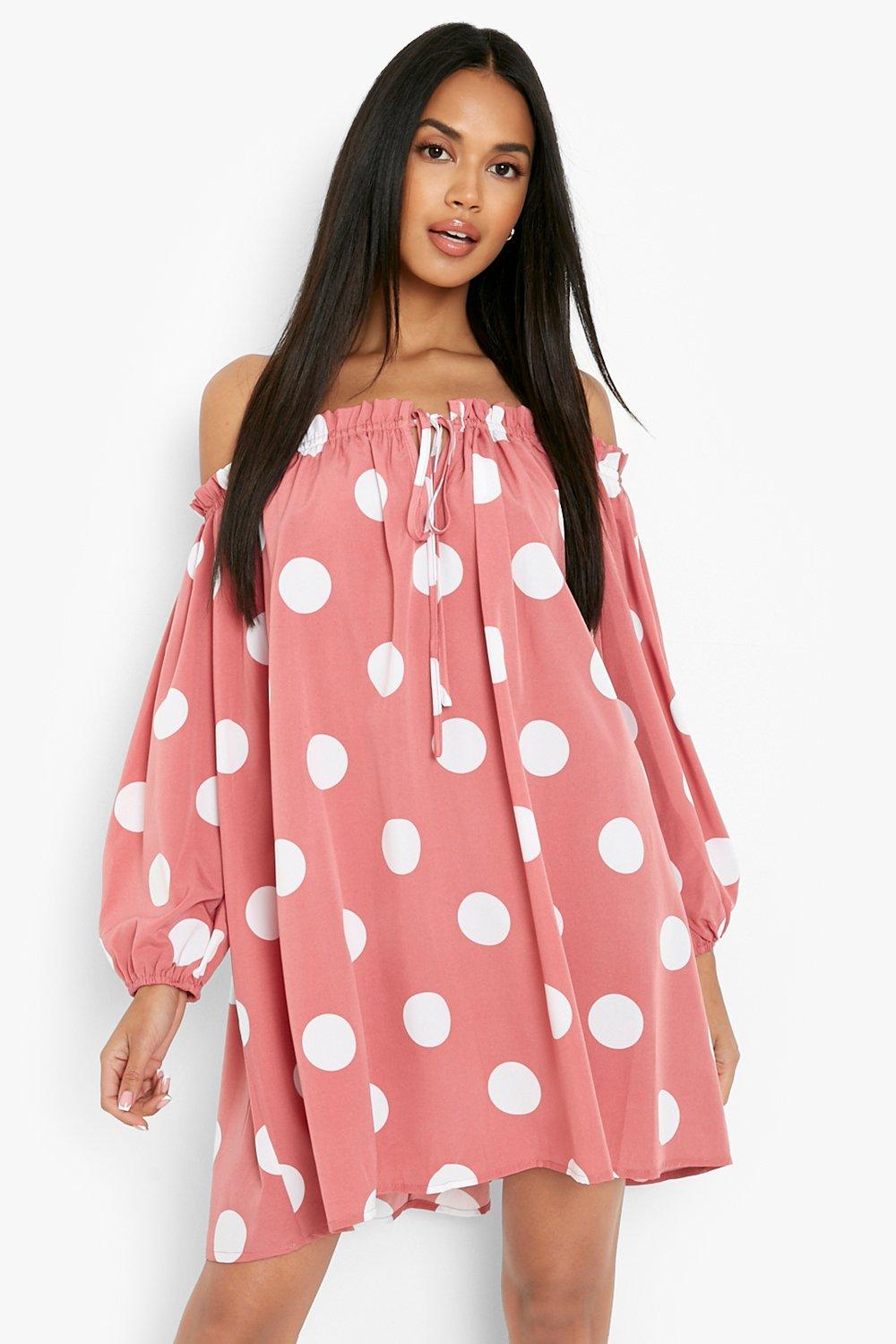 Dusty Pink Polka Dot Bardot Tie Waist Shift Dress