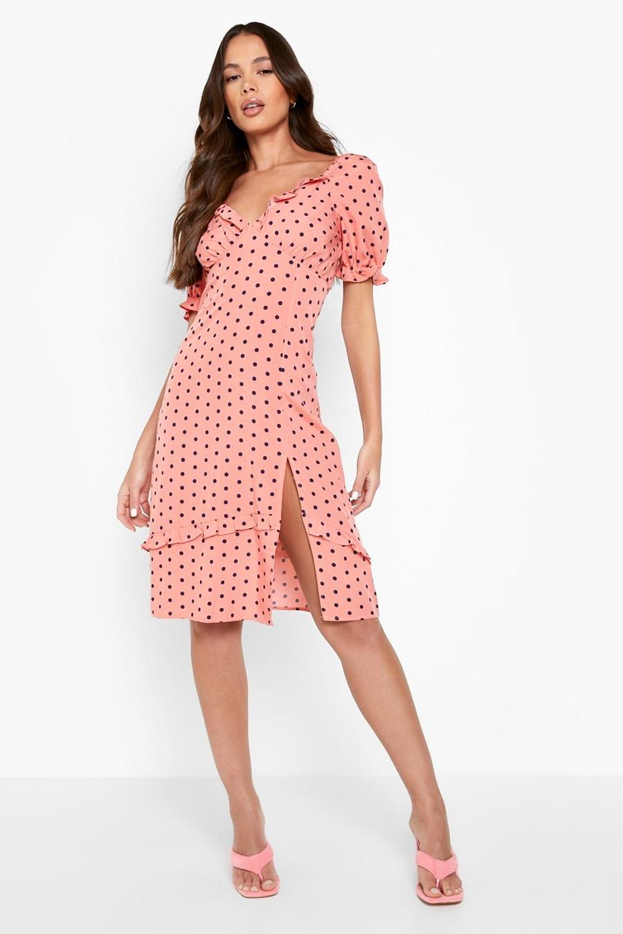 Pink Frill Hem Milkmaid Dress Polka Dot Print image number 1