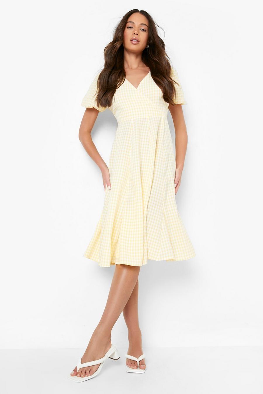Yellow שמלת סקייטר מידי עם שרוולים תפוחים והדפס משבצות image number 1
