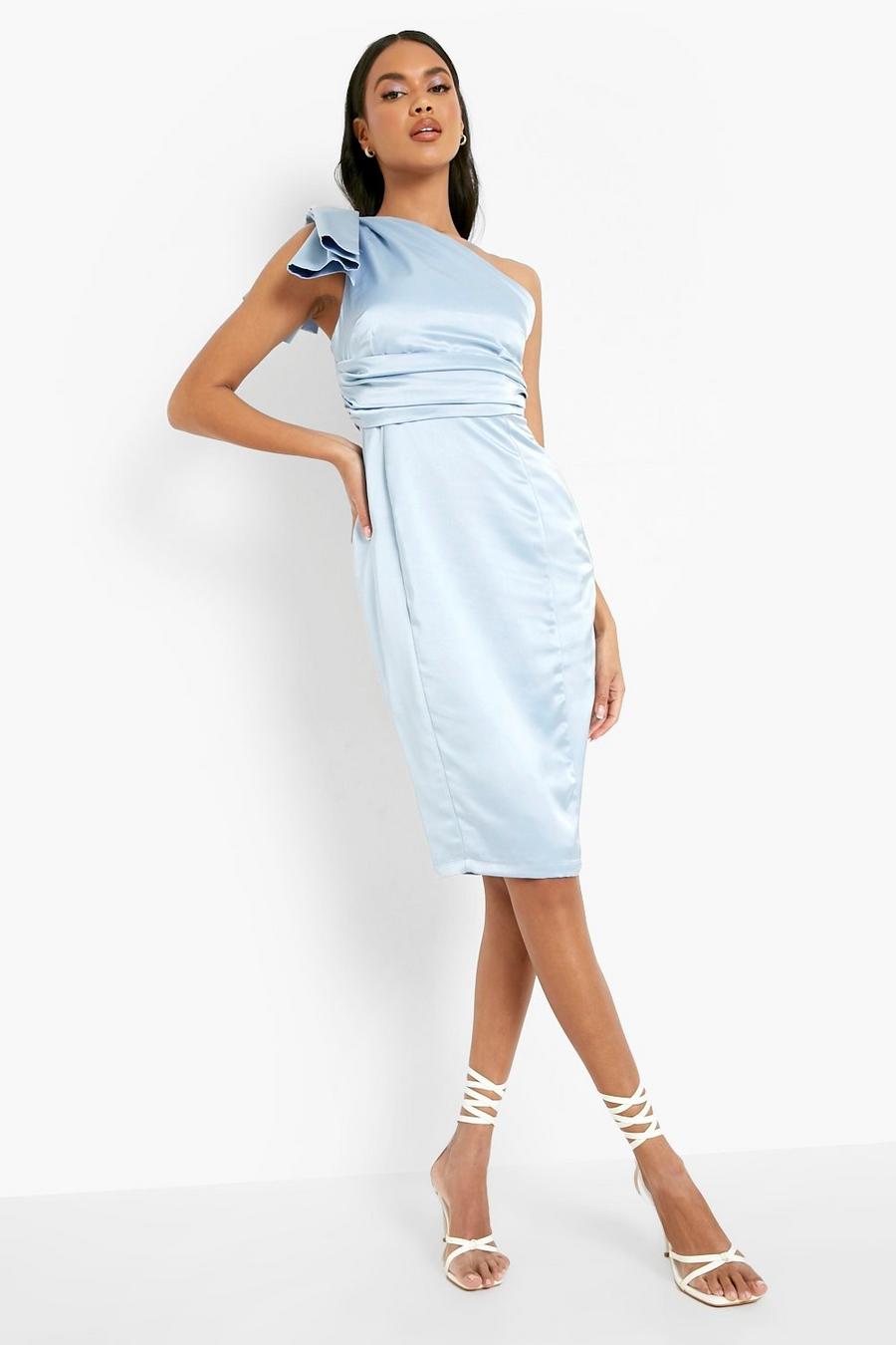 Pastel blue Satin One Shoulder Ruffle Midi Dress image number 1