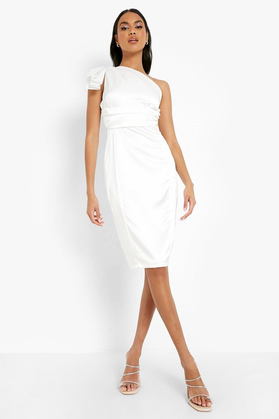 White Satin One Shoulder Ruffle Midi Dress