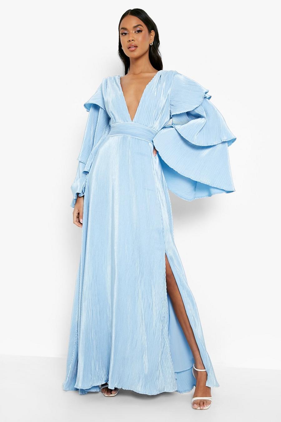 Pastel blue Layered Ruffle Sleeve Maxi Dress