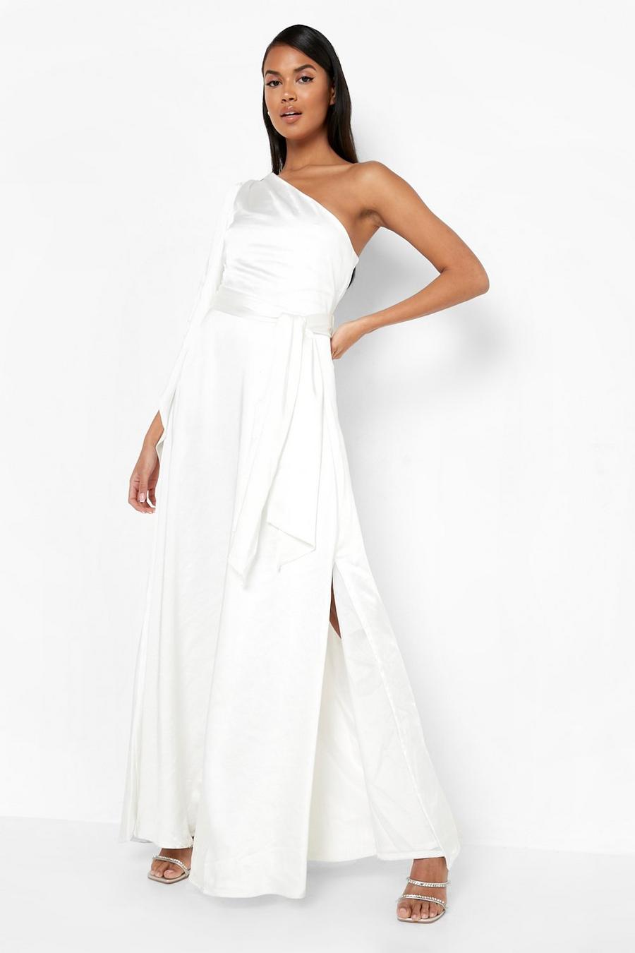 Ivory white Satin One Shoulder Drape Maxi Dress image number 1