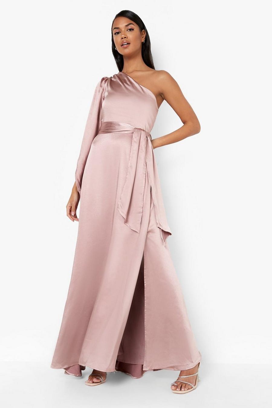 Rose pink Satin One Shoulder Drape Maxi Dress