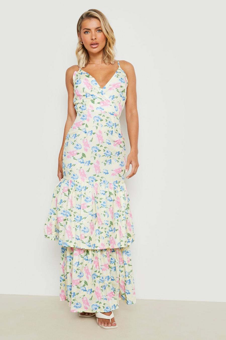 Lemon yellow Floral Strappy Plunge Frill Hem Maxi Dress image number 1