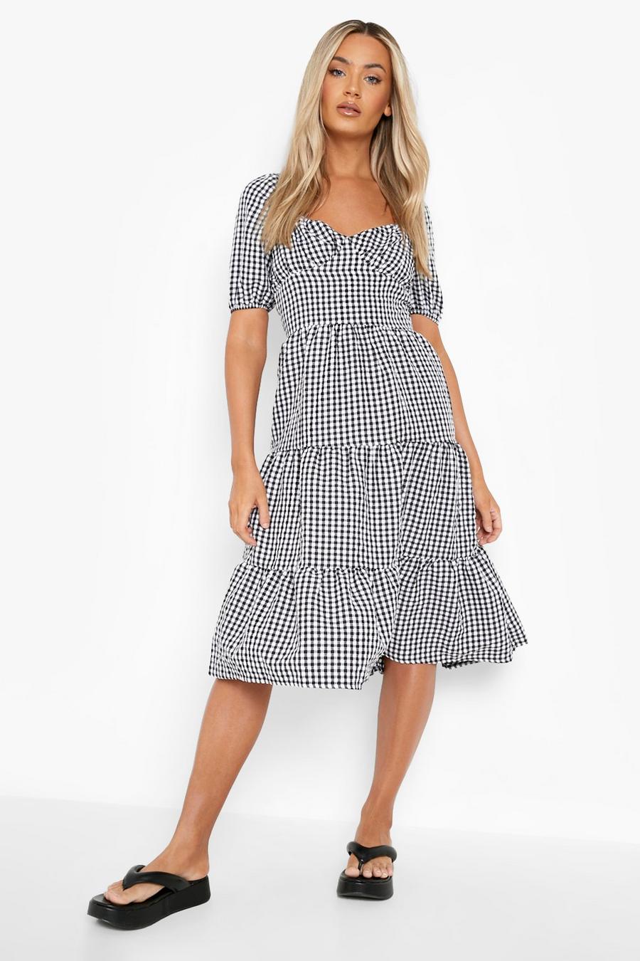 Black Check Puff Sleeve Tiered Midi Skater Dress image number 1