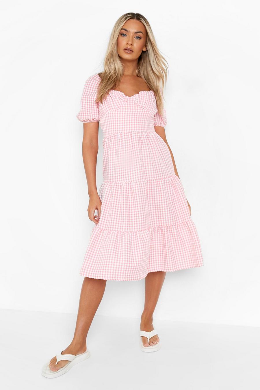 Pink Flannel Puff Sleeve Tiered Midi Skater Dress image number 1