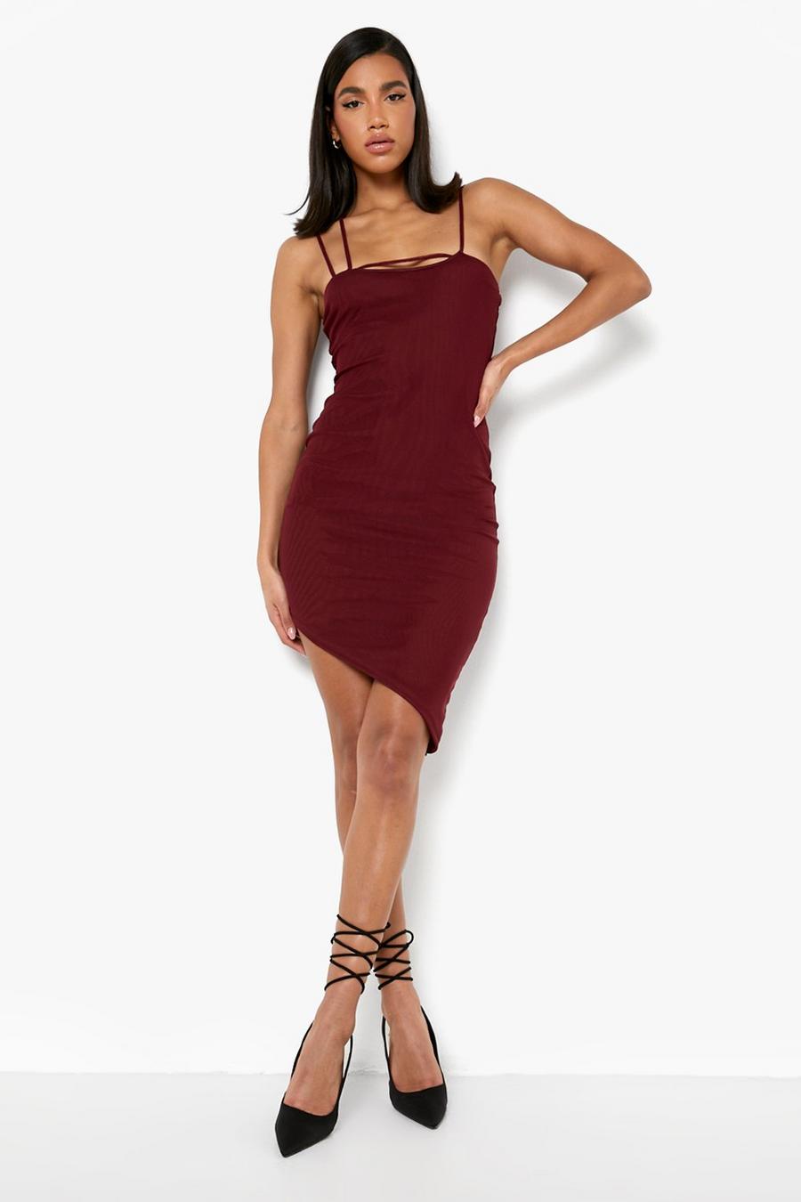 Wine Mesh Asymmetric Bodycon Mini Dress image number 1