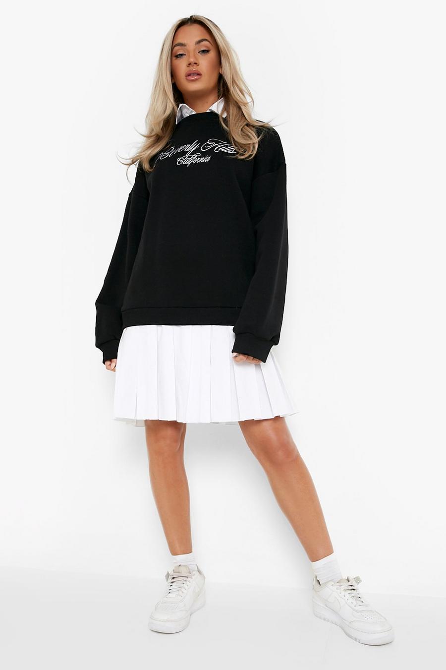 Black 2 In 1 Embroidered Box Pleat Sweatshirt Dress  image number 1