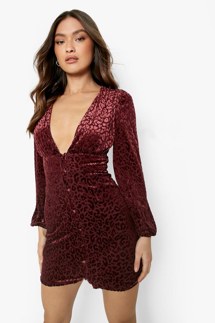Wine red Leopard Burn Out Puff Sleeve Mini Dress
