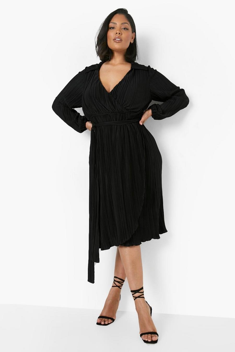 Black schwarz Plus Premium Plisse Wrap Midi Dress