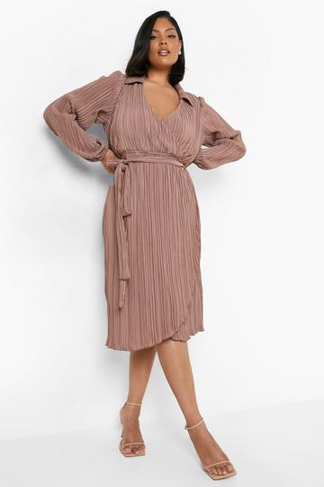 Plus Premium Plisse Wrap Midi Dress stone