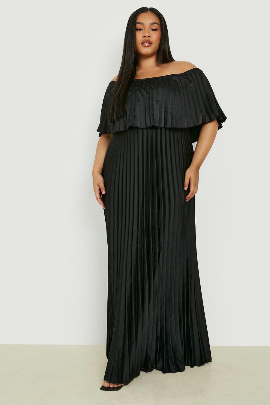 Vestito maxi Plus Size in raso a pieghe con scollo Bardot, Black image number 1