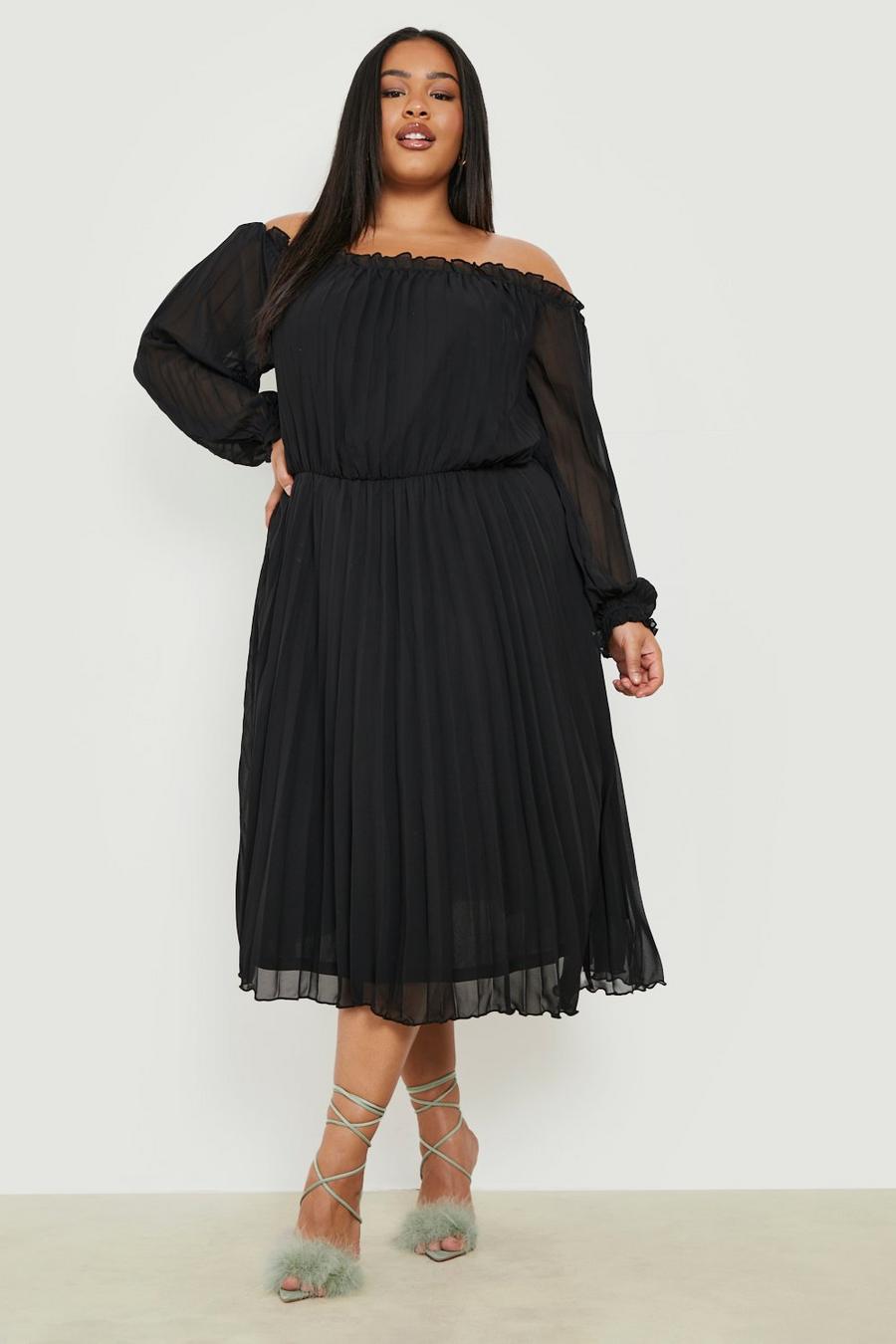 שחור שמלת סקייטר שיפון חושפת כתפיים עם קפלים, מידות גדולות image number 1