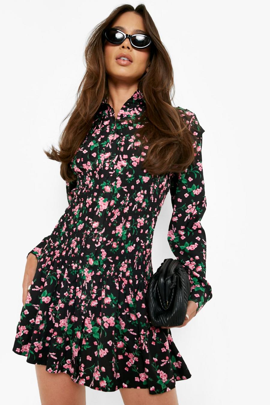 Black Shirred Body Mini Shirt Dress Floral Print image number 1