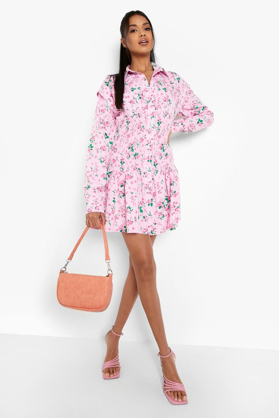 Dusky pink Shirred Body Mini Shirt Dress Floral Print image number 1