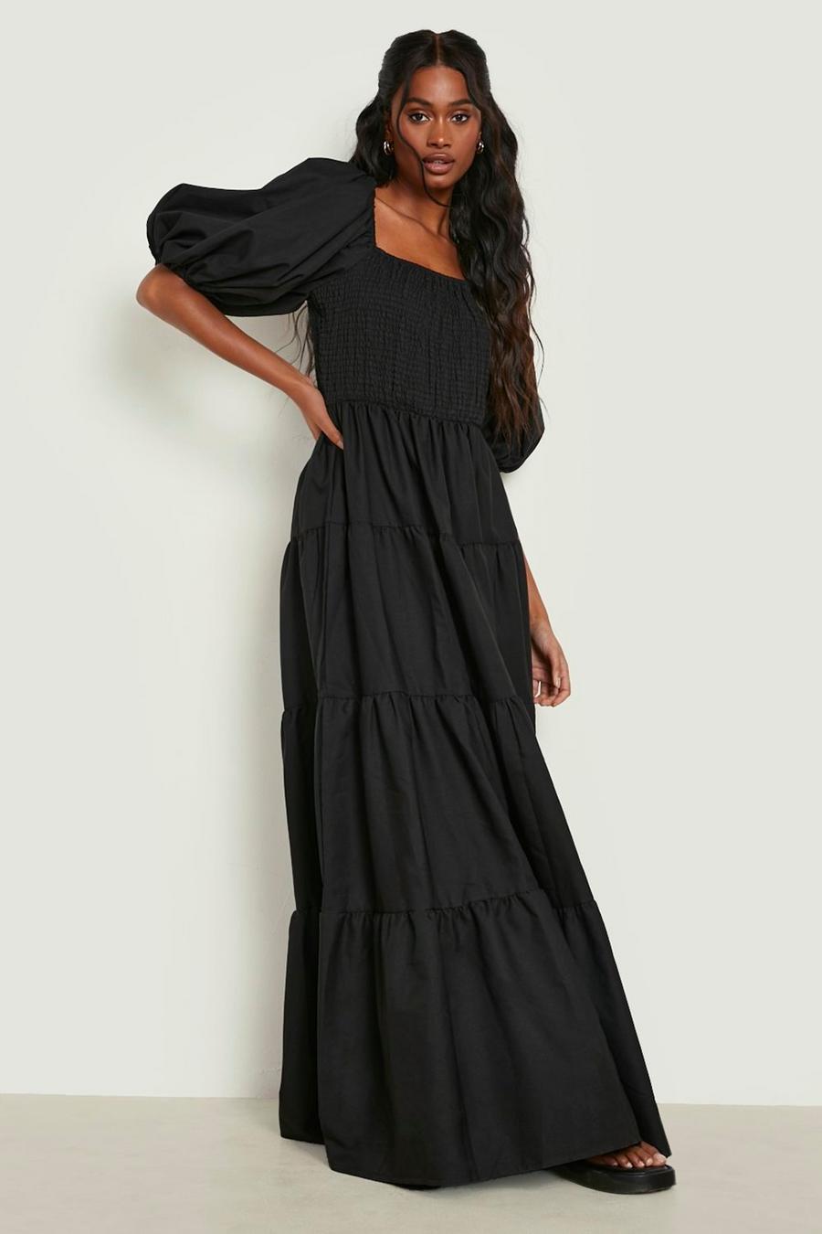 Black Extreme Puff Sleeve Shirred Maxi Smock Dress