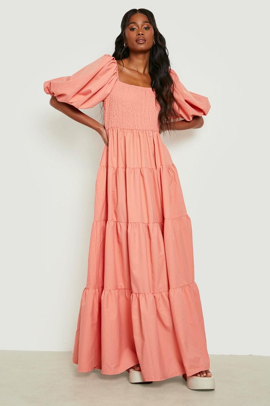 Candy pink Extreme Puff Sleeve Shirred Maxi Smock Dress image number 1