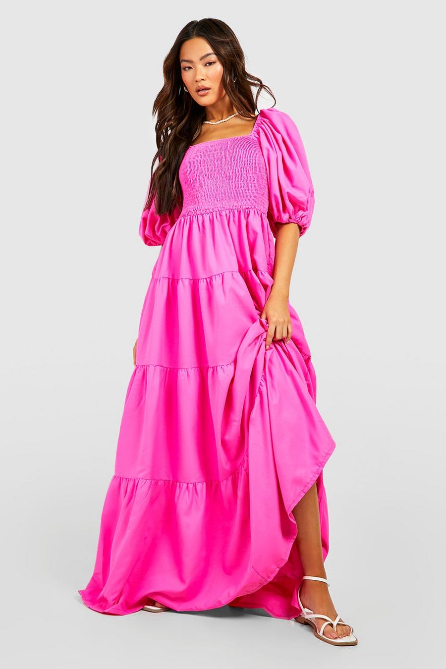 Hot pink Maxiklänning med smock och puffärm image number 1