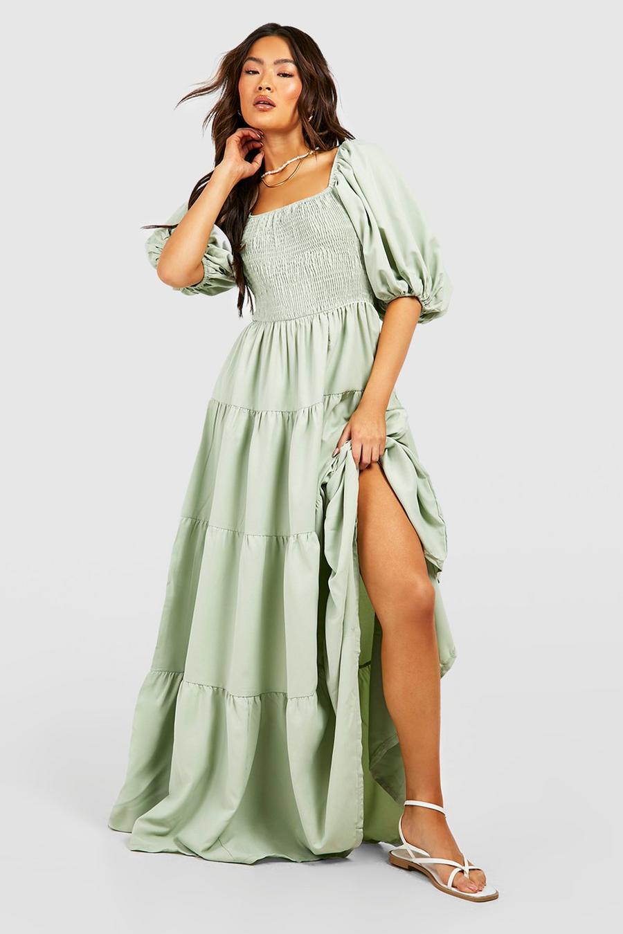 Sage Extreme Puff Sleeve Shirred Maxi Smock Dress