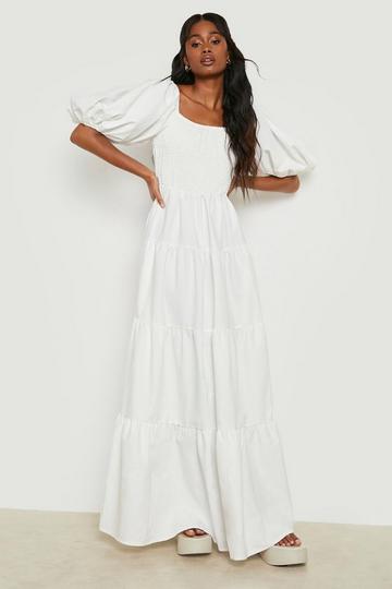 Extreme Puff Sleeve Shirred Maxi Smock Dress white