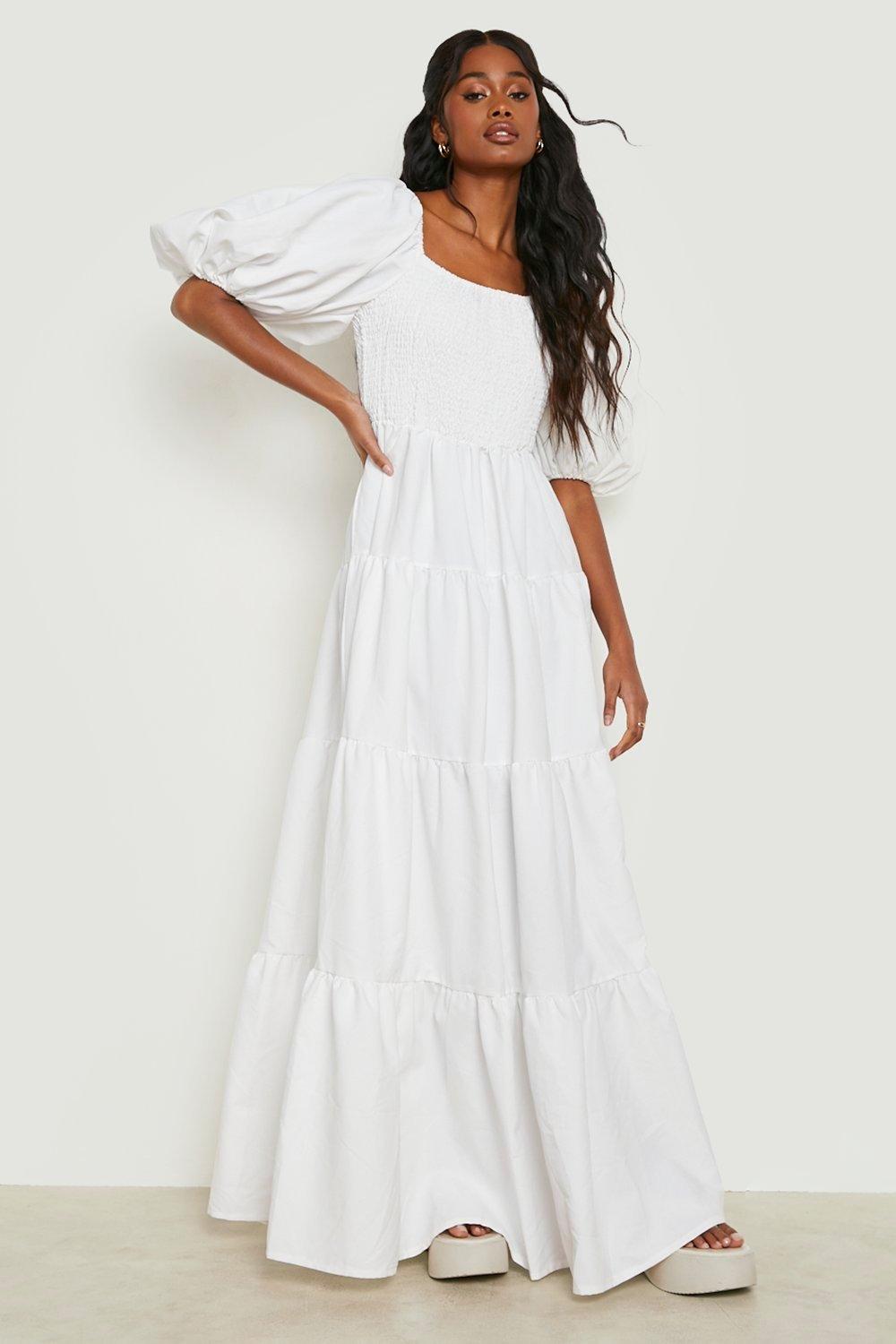 Extreme Puff Sleeve Shirred Maxi Smock Dress boohoo DK