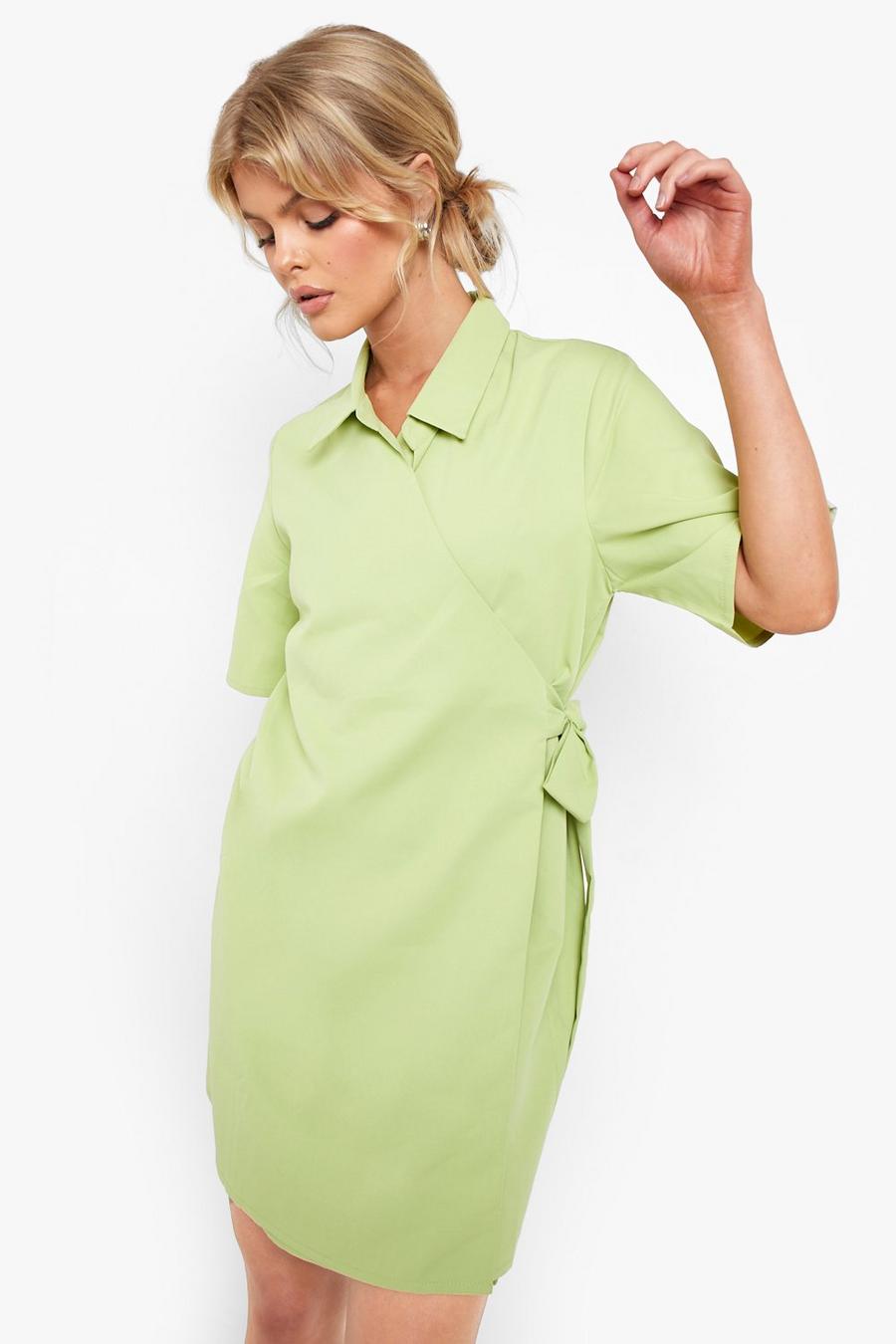 Lime green Wrap Tie Waist Shirt Dress