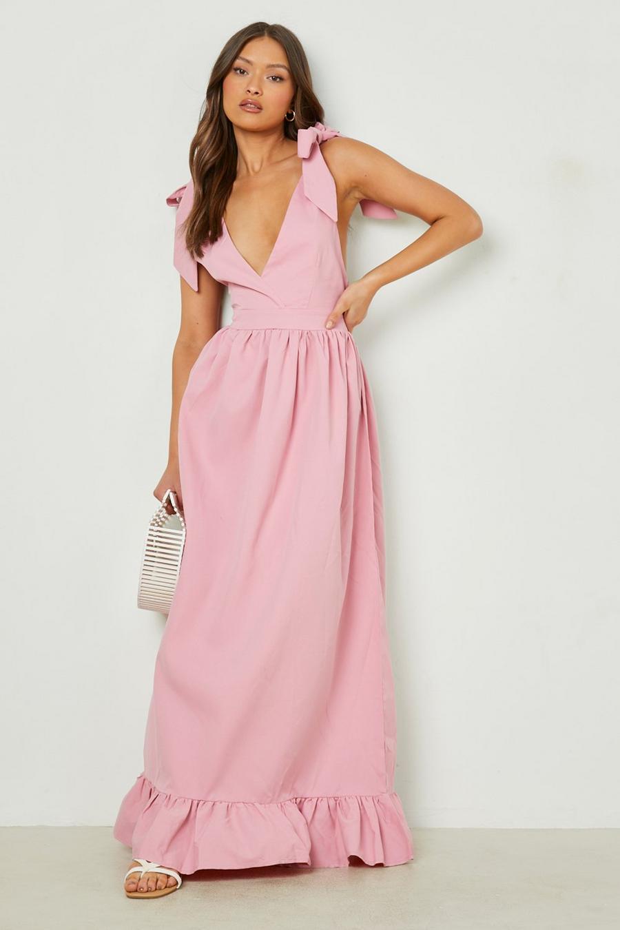 Pink Tie Strap Plunge Tiered Hem Maxi Dress