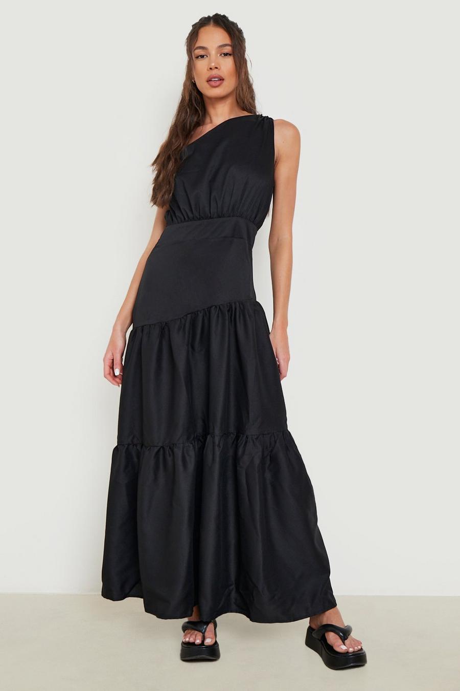 Black One Shoulder Tiered Maxi Dress image number 1