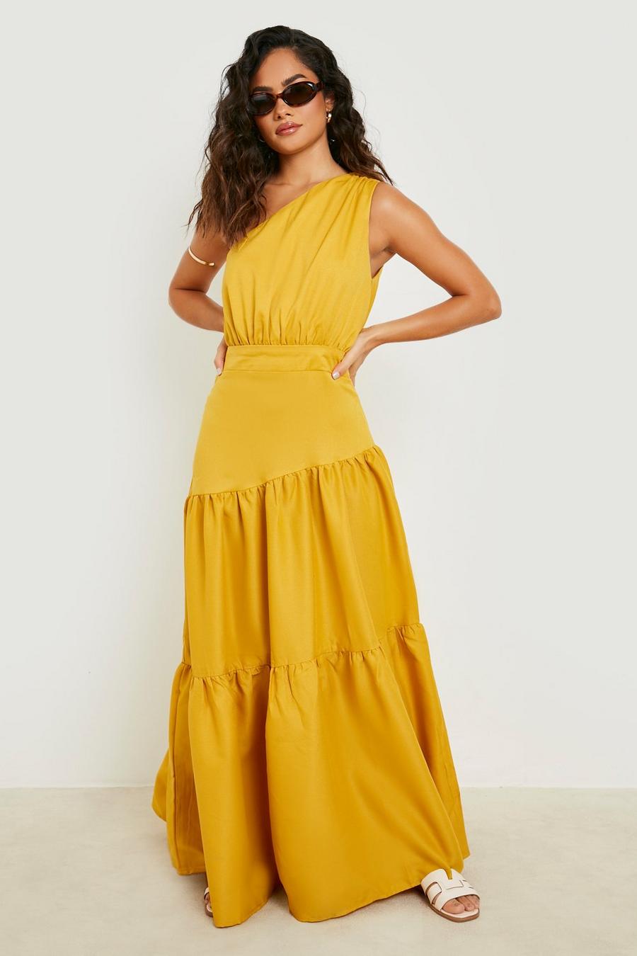 Mustard amarillo One Shoulder Tiered Maxi Dress