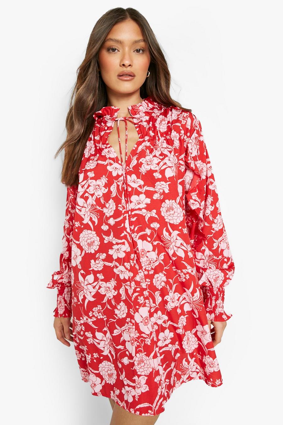 Red Blommig skiftklänning med volanger och hög hals image number 1