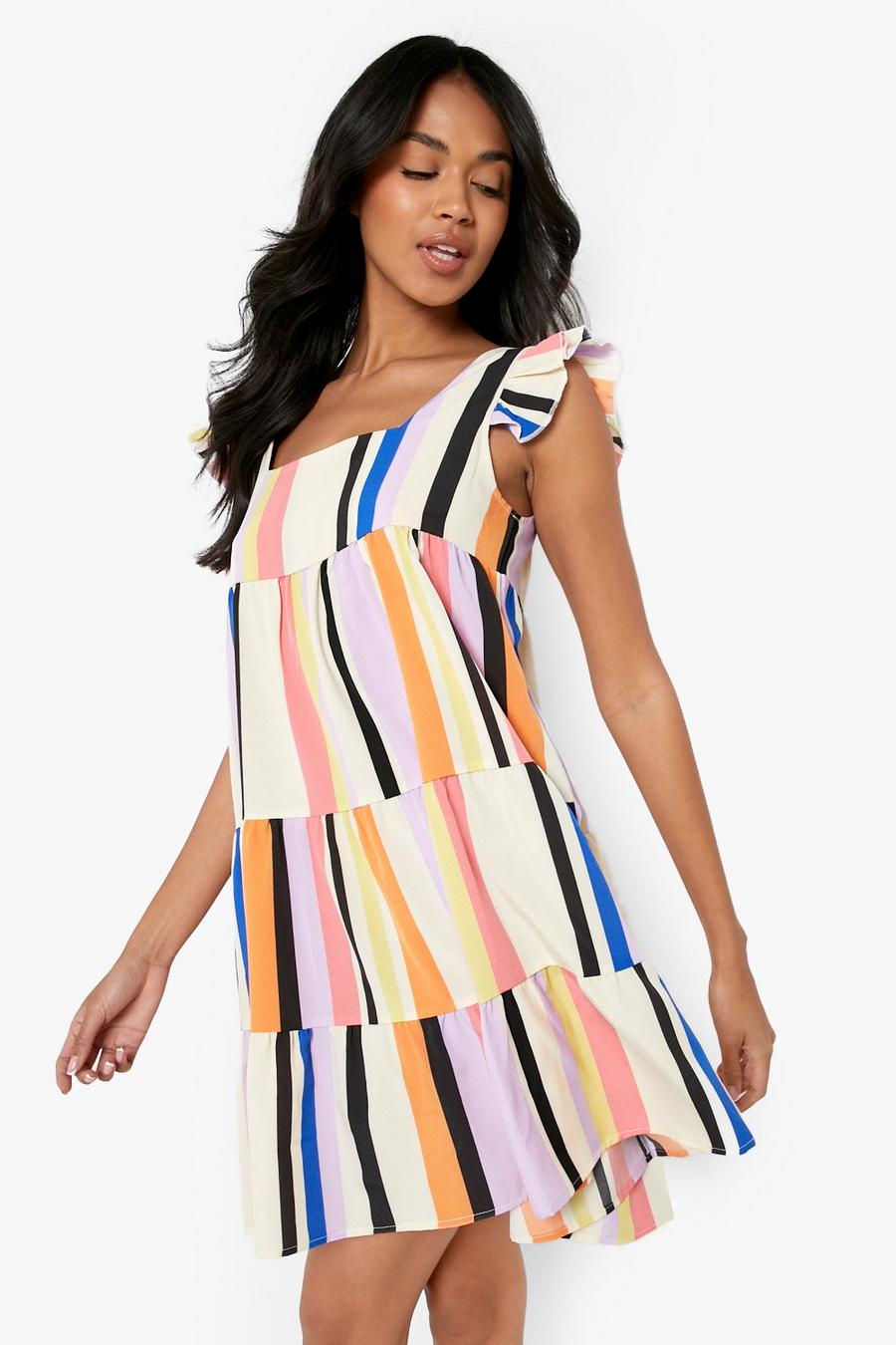 Multi multicolor Striped Frill Strap Smock Dress