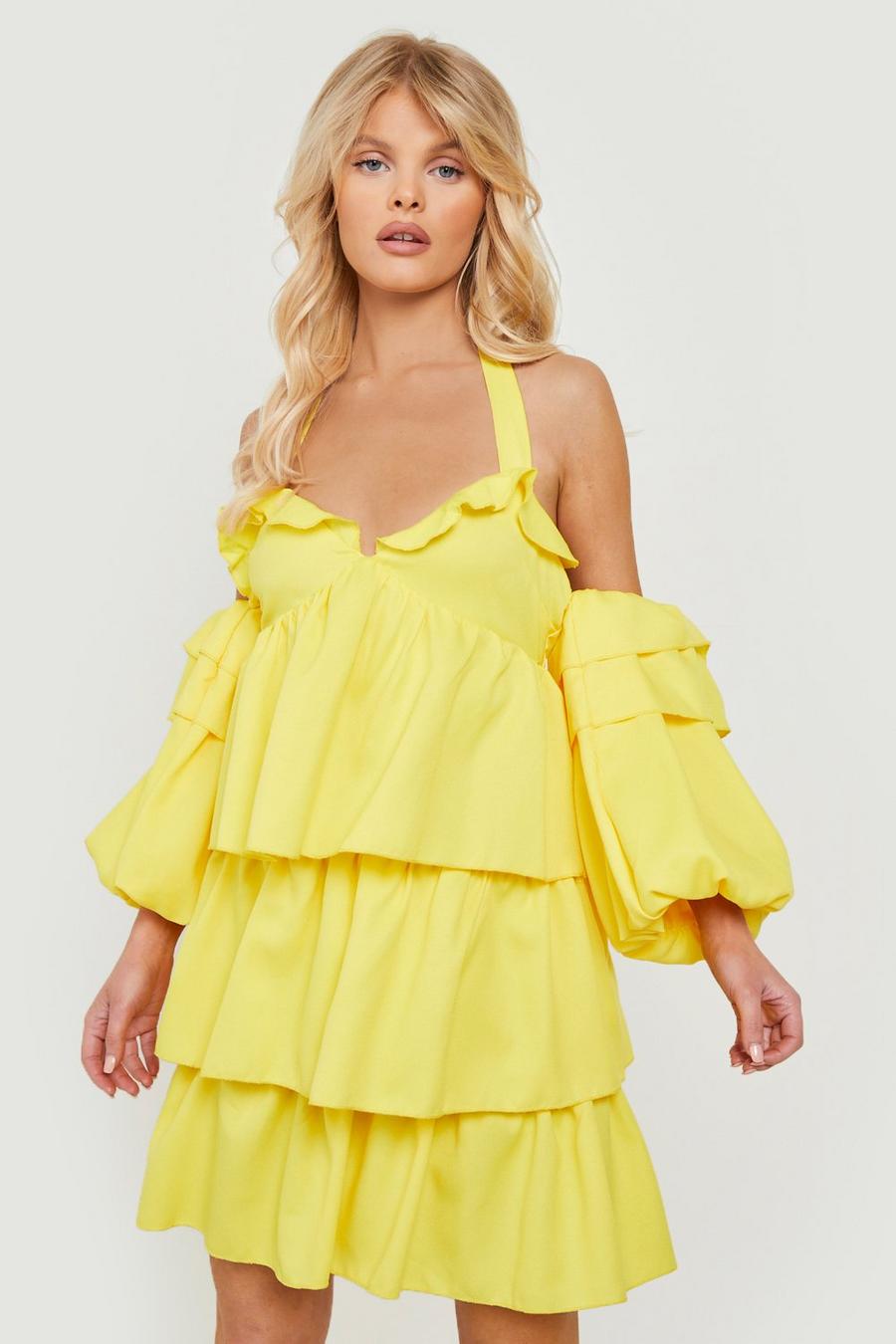 Yellow Halter Neck Cold Shoulder Tiered Mini Dress image number 1