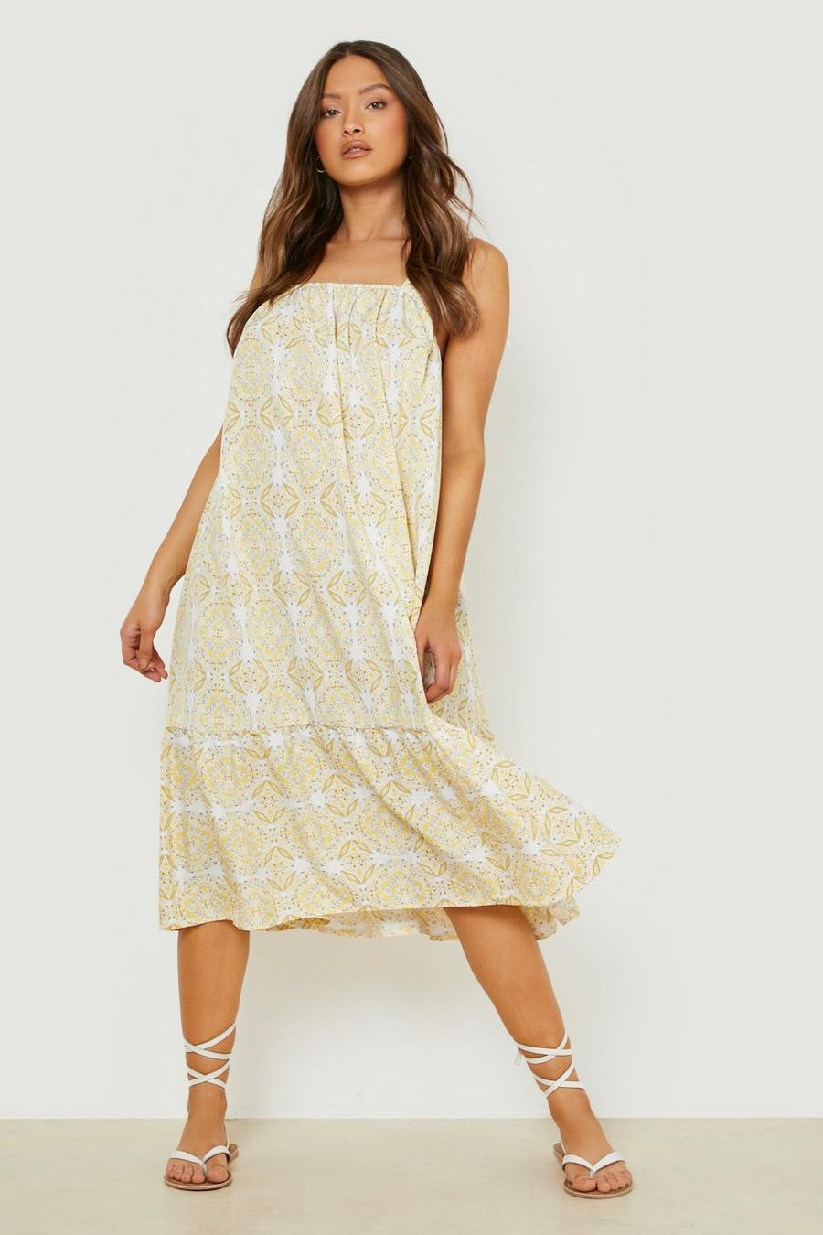 Yellow Printed Strappy Midi Smock Dress image number 1